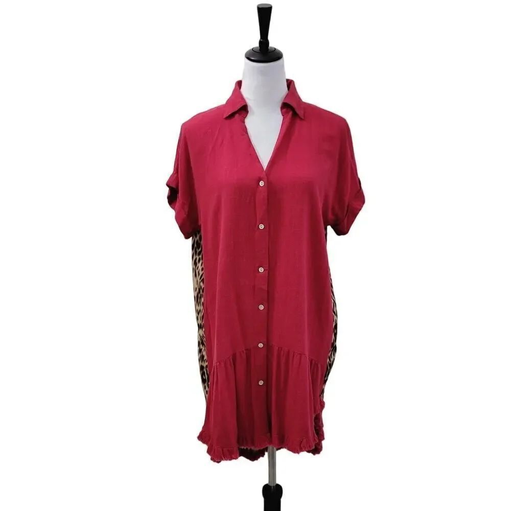 Umgee Linen Hi-Low Red Dress Leopard Print Back Fringe Short Sleeve Size S